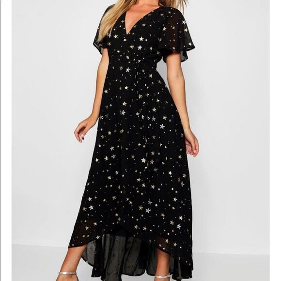 METALLIC STAR PRINT WRAP MAXI DRESS - Picture 1 of 6